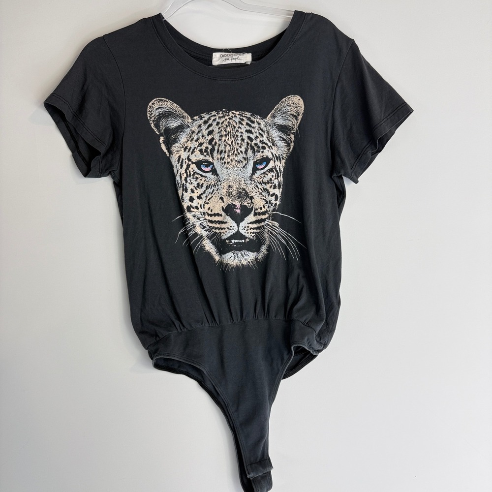 Daydreamer for Free People Bodysuit Womens‎ S Gray Leopard Graphic Short Sleeve